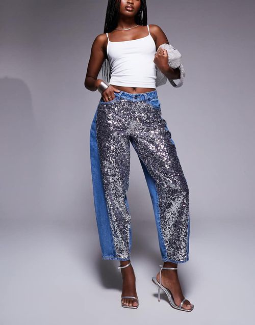 Sequin barrel jean in midwash blue