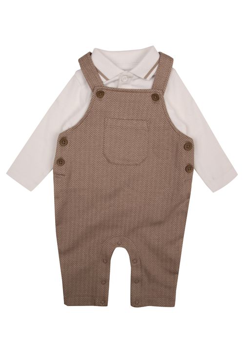 Baby Boys Mocha Brown Dungarees & Polo Bodysuit Set