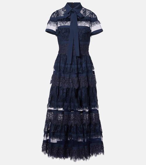 Tie-neck lace midi dress