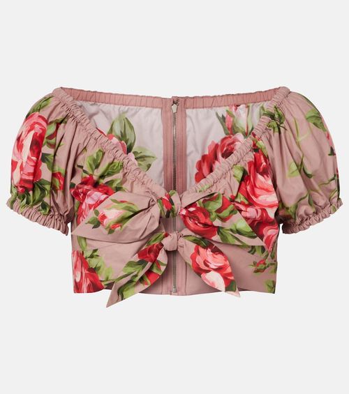 Floral bow-detail cotton crop top