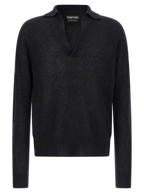 Cashmere and Silk Knit Polo Sweater — Black