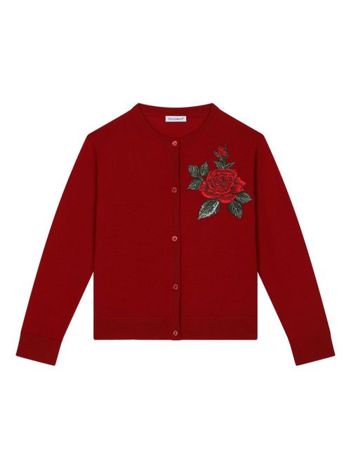 Rose patch crew neck cardigan - Red