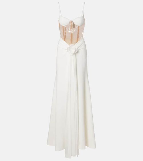 Floral-appliqué sequined bustier gown