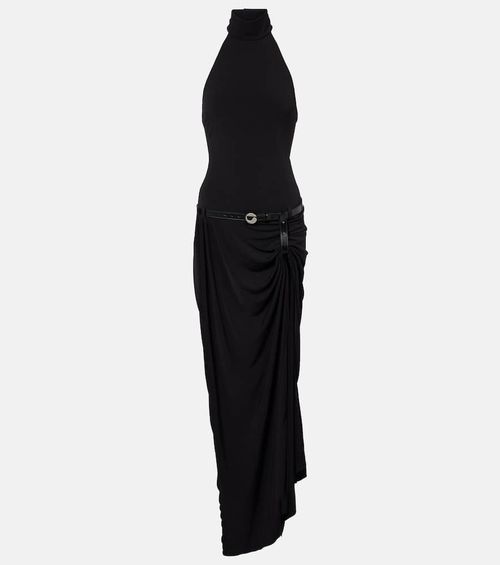 Belted asymmetric draped halterneck maxi dress