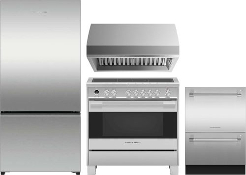 Fisher & Paykel 4 Piece Kitchen Appliances Package with Bottom Freezer Refrigerator, Induction Range and Dishwasher in Stainless Steel FPRERARHDW
