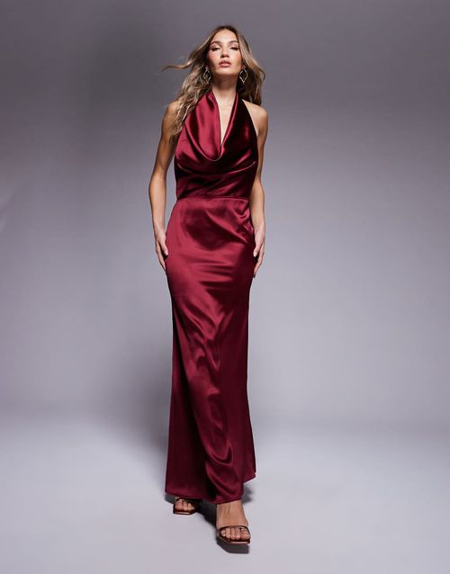 Aria Cove | Aria Cove exclusive satin deep plunge fishtail maxi dress in  burgundy-Red | Realry
