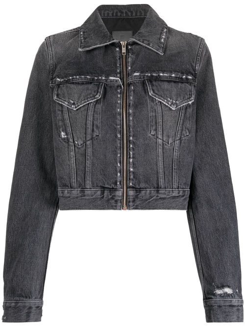 Distressed-effect zipped denim jacket - Black