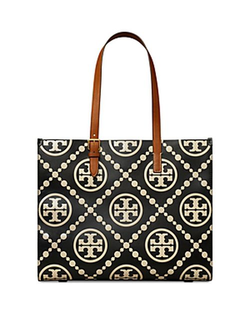 T Monogram Contrast Embossed Leather Medium Tote