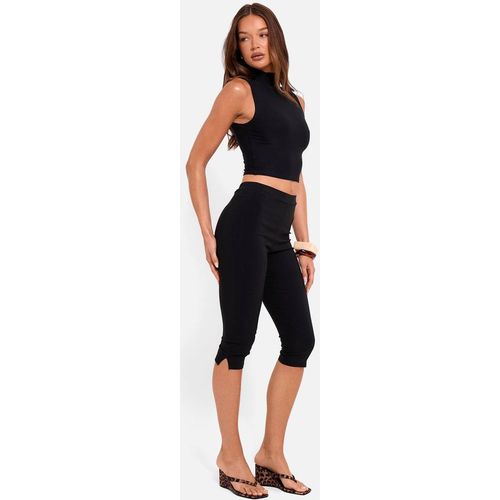 Public Desire Women's High Waist Bengaline Split Hem Capri Trousers in Black