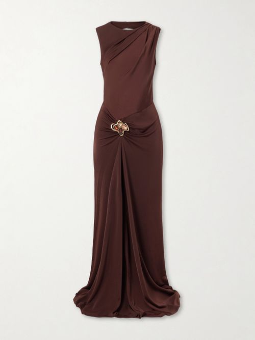 Hazine Open-back Ruched Embellished Jersey Gown