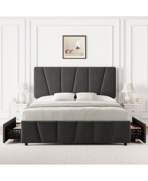 Full Size Bed Frame with Adjustable Headboard and 4 Storage Drawers, Upholstered Platform Bed Frame - Grey