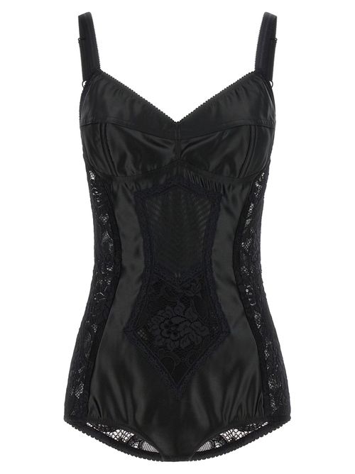 Satin and Lace Corsetry Bodysuit — Black