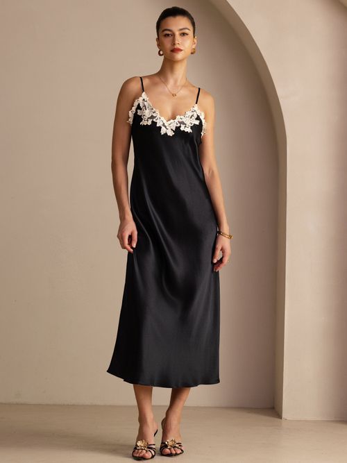 100% Mulberry Silk Spaghetti Strap V Neck Midi Dress with Lace V-Back Design