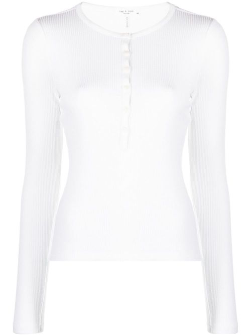 Henley button-up ribbed-knit top - White