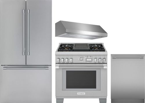 Thermador 4 Piece Kitchen Appliances Package with French Door Refrigerator, Dual Fuel Range and Dishwasher in Stainless Steel THRERARHDW