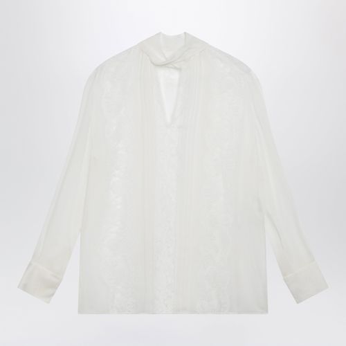 Silk chiffon and lace blouse with neck scarf in white