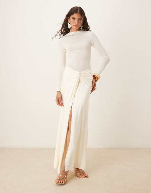 Twist front detail side split maxi skirt co-ord in off white