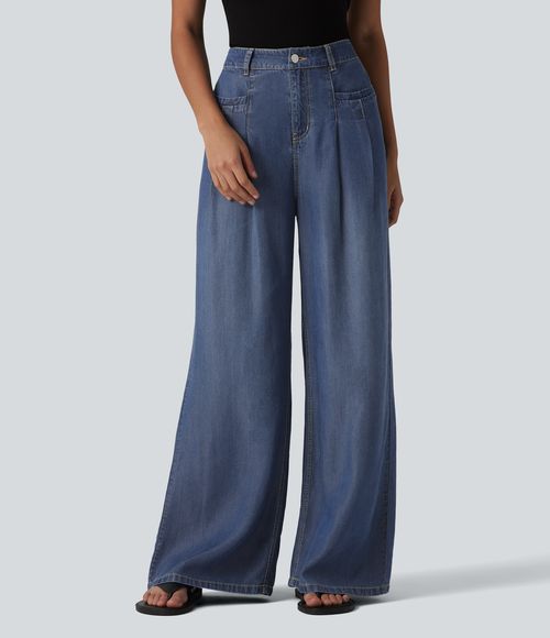 High Waisted Wide Leg Casual Jeans with Pockets  - Tide Blue Denim