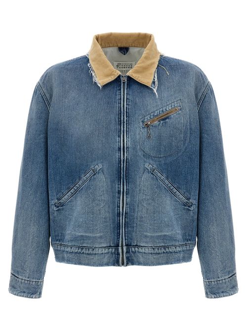 Stonewashed Denim with Corduroy Collar Jacket — Blue
