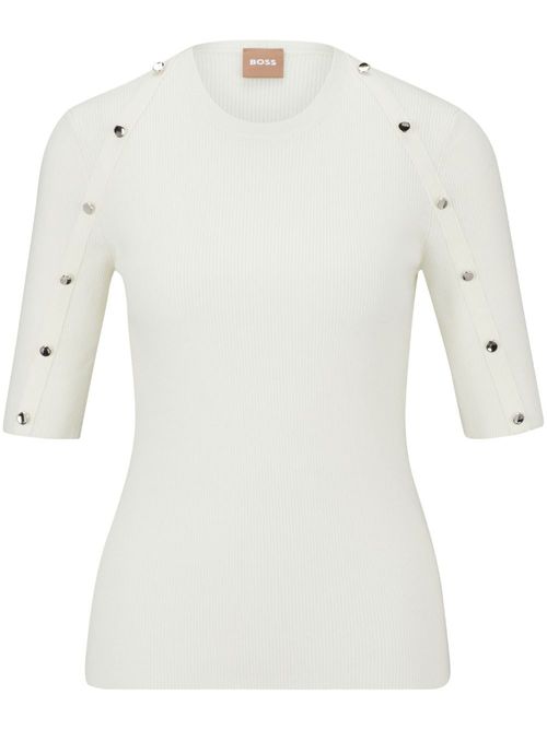 Decorative-button ribbed-knit top - White