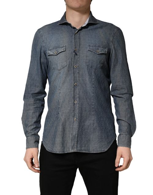 Domenico Tagliente DarkBlue Long Sleeve Collared Denim Men's Shirt Pre-Owned