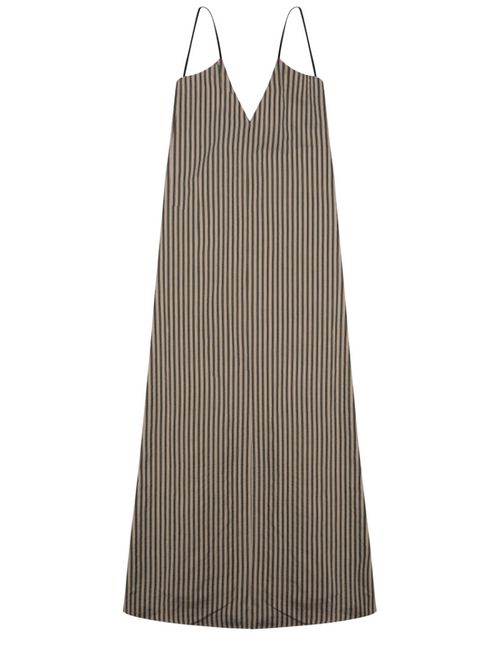 Beige Stripes V Neck Maxi Dress
