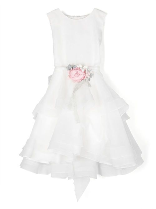 Floral-appliqué sleeveless tulle dress - White