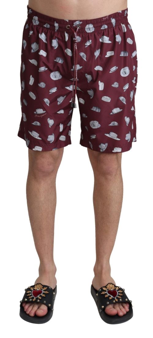 Hat-Print Polyester Swim Shorts — Maroon