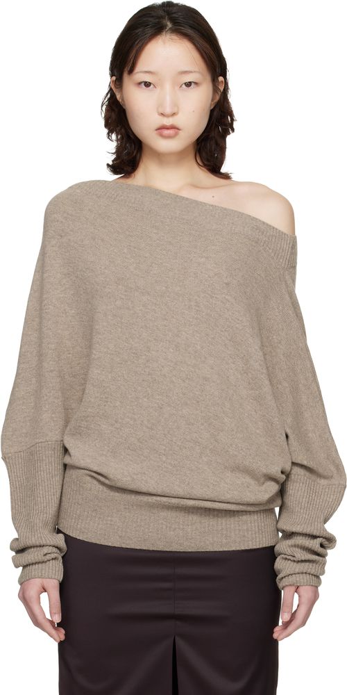 Taupe Merino Wool Off-Shoulder Sweater