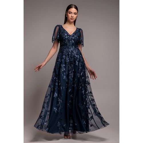 Goddiva Flared Sleeve Embroidered Maxi Dress - Navy Blue