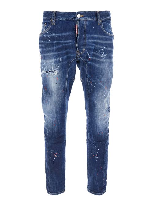 Tidy Biker Blue Jeans With Paint Embellishments And Logo Patch On The Rear In Denim Man