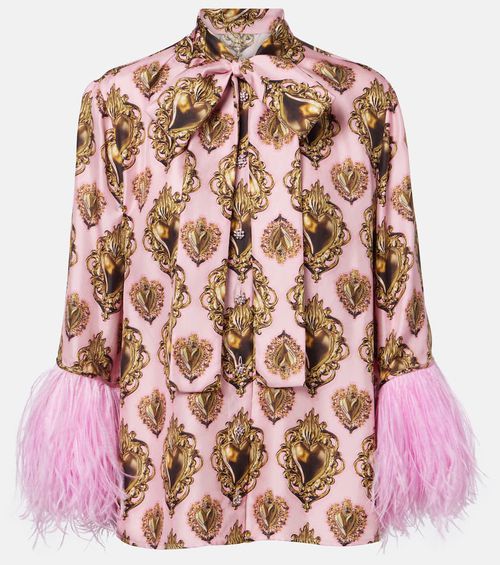 Feather-trimmed printed silk blouse