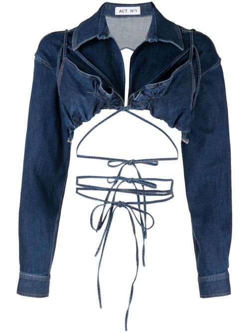 Cropped open-back denim blouse - Blue