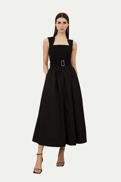 Women's Square Neck Belted Maxi Dress - Black