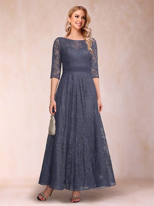 Party Dress For Mother Of The Bride Jewel Neck 3/4 Length Sleeves A-Line Lace Ankle-Length Wedding Guest Dresse