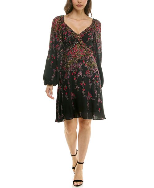 Petite V-Neck Fit and Flare Dress - Black Multi