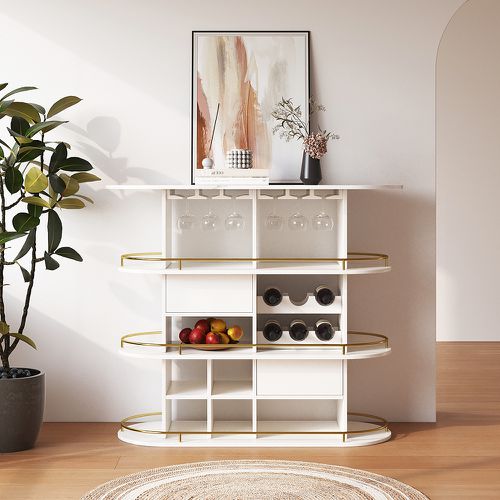 1200mm White Oval Bar Table with Wine Rack Glass Holder Liquor Tier Storage 2-Drawer