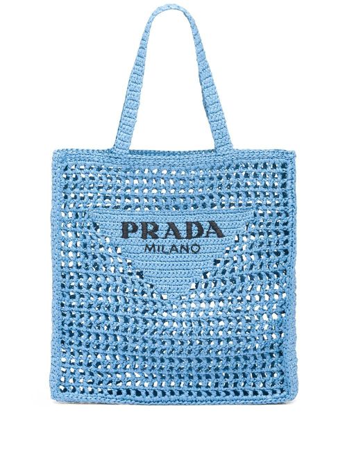 Woven-logo raffia tote bag - Blue