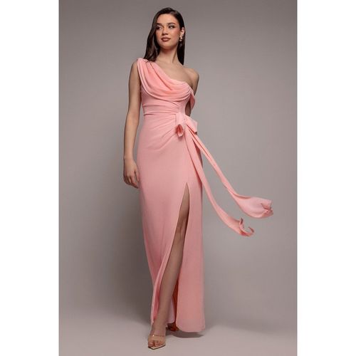 Goddiva One Shoulder Cowl With Bow Detail Maxi Dress - Blush Pink