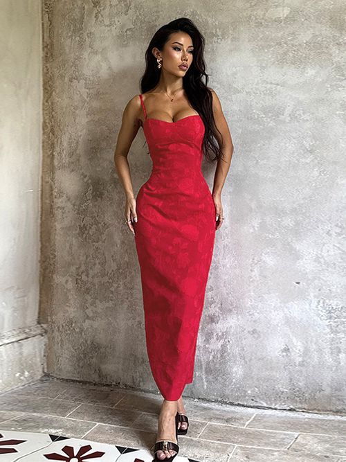 Red Floral Jacquard Maxi Dress For Women - Romantic Slim Fit Cami Dress - Summer Date Night Outfit