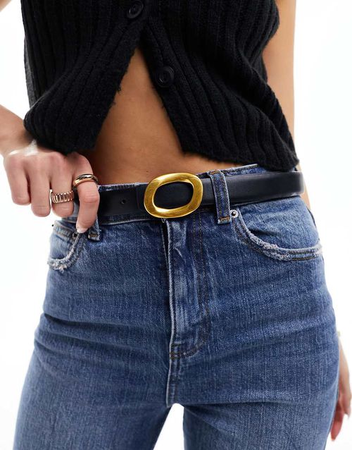 Waist and hip jeans belt with oval buckle design-Black