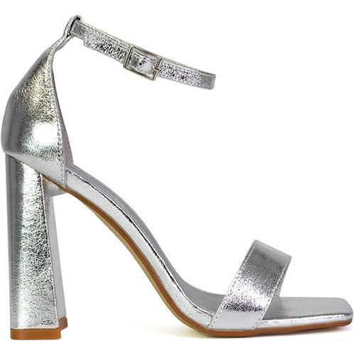 XY London Women's 'Kamryn' Ankle Strap Square Toe Block High Heel Sandals in Silver