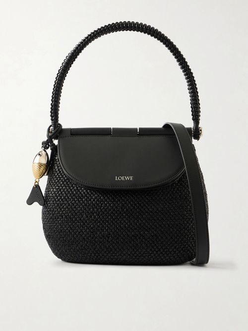 + Paula's Ibiza Pescador Medium Embellished Leather-trimmed Raffia Shoulder Bag - Black