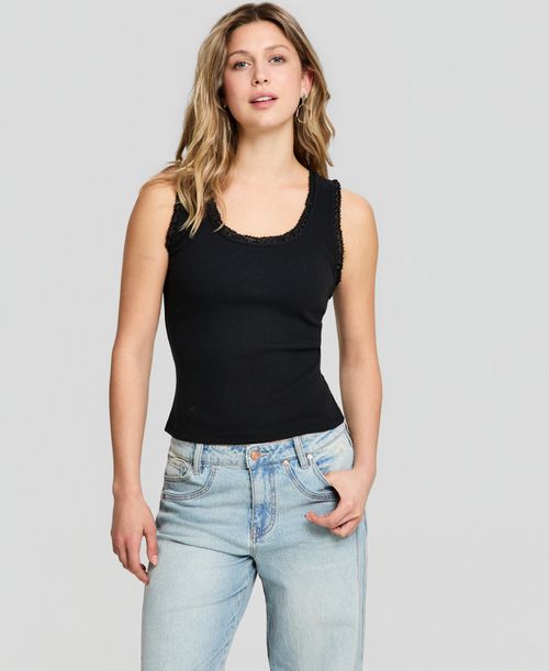 Women's Crocheted-Trim Ribbed Tank Top, Macy's Exclusive - Black