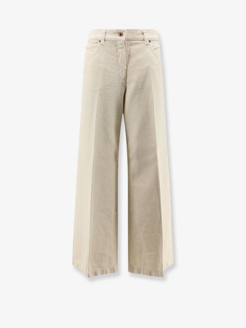 High-Waisted Pleated Denim Trousers — Beige