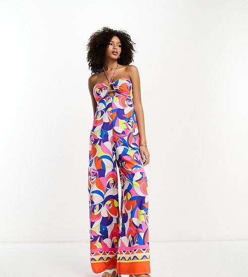 Abstract print bandeau jumpsuit in bright blue