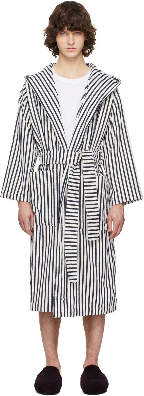 Off-White & Navy Terry Hooded Bathrobe