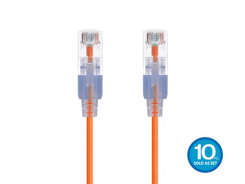 Cat6A 7ft Orange 10-Pk Patch Cable, UTP, 30AWG, 10G, Pure Bare Copper, Snagless RJ45, SlimRun Series Ethernet Cable