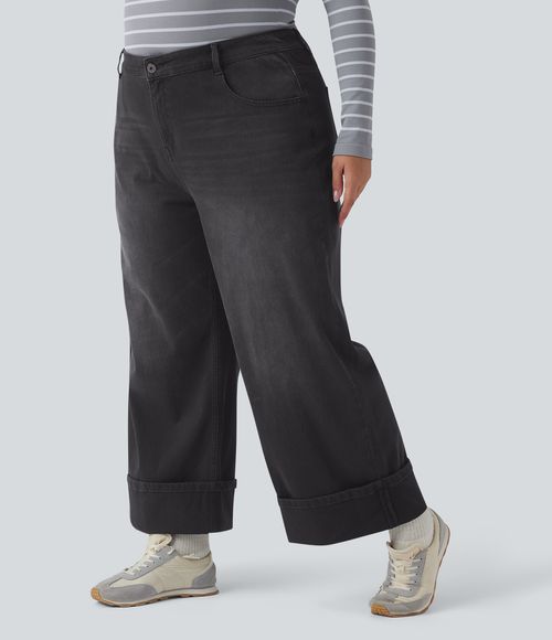 Plus Size Flex™ High Waisted Wide Leg Rolled Hem Washed Stretchy Knit Casual Jeans with Pockets  - Deep Ink Black Denim