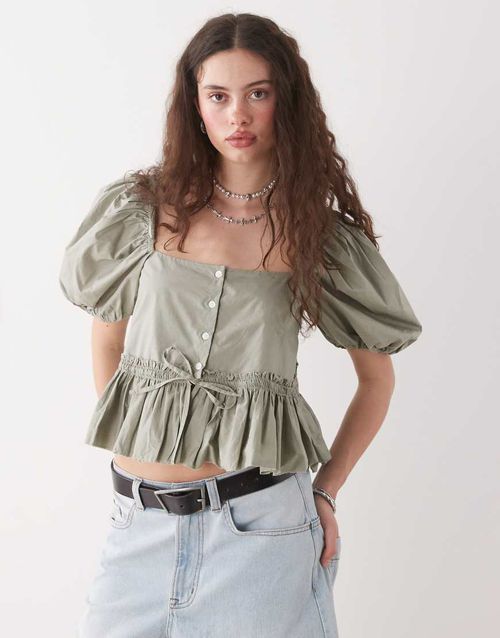 Monki puff sleeve milkmaid peplum blouse in khaki-Green